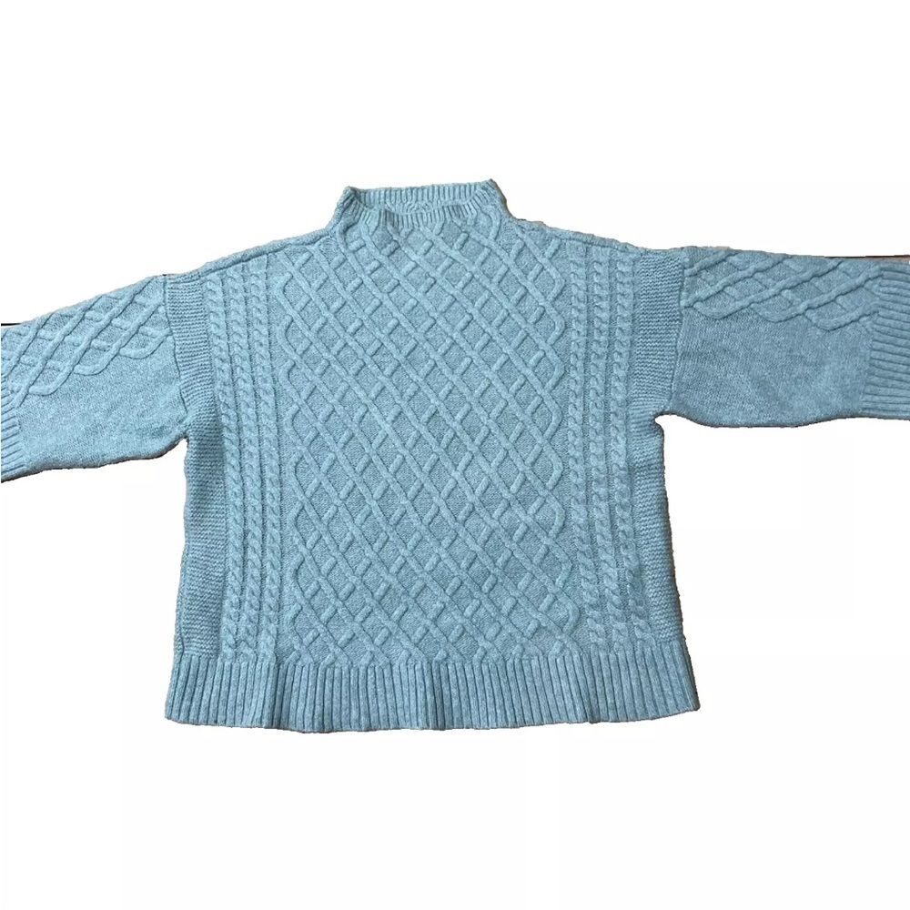 VINCE CAMUTO CableKnit Sweater Womens M 1/2 Short Sleeve Flowy Aqua Mock Neck